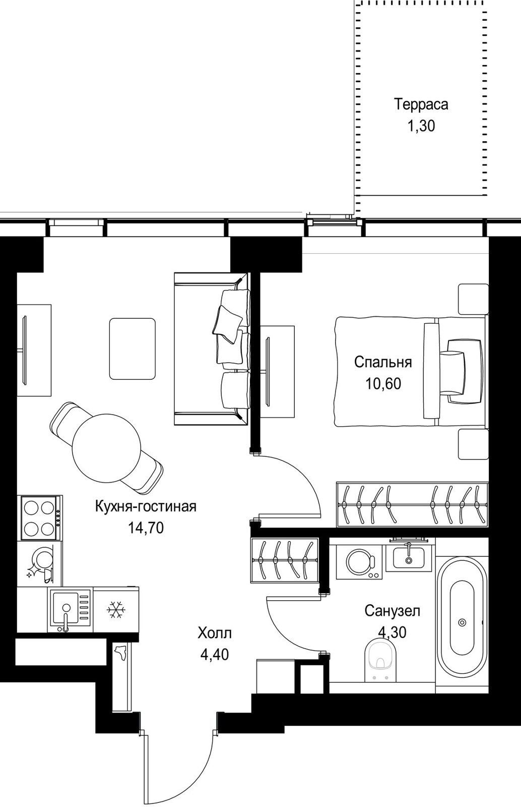 1-комнатная квартира, 35,3 м²