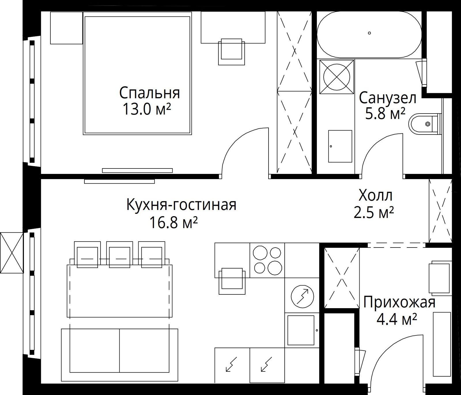 1-комнатная квартира, 42,5 м²
