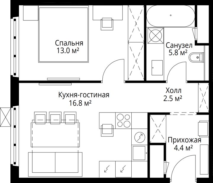 1-комнатная квартира, 42,5 м² — фото 1