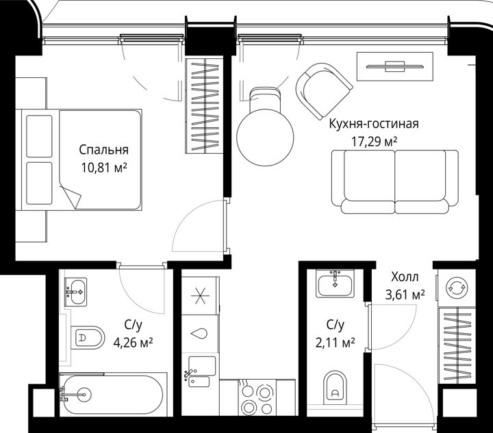 1-комнатная квартира, 38,1 м² — фото 1