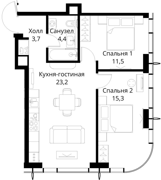 2-комнатная квартира, 58,1 м² — фото 1