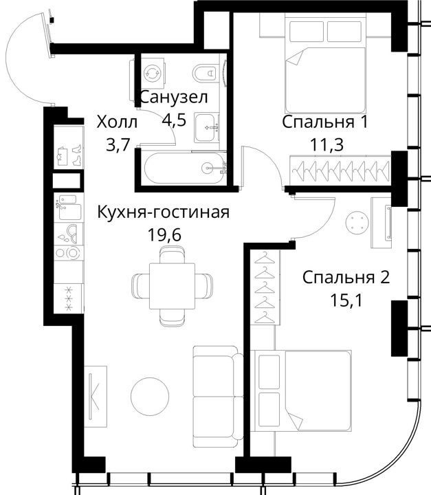 2-комнатная квартира, 54,2 м² — фото 1