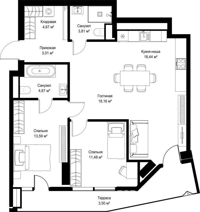 2-комнатная квартира, 81,3 м²