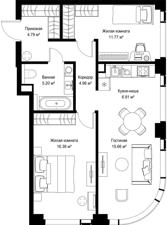 2-комнатная квартира, 65,7 м²