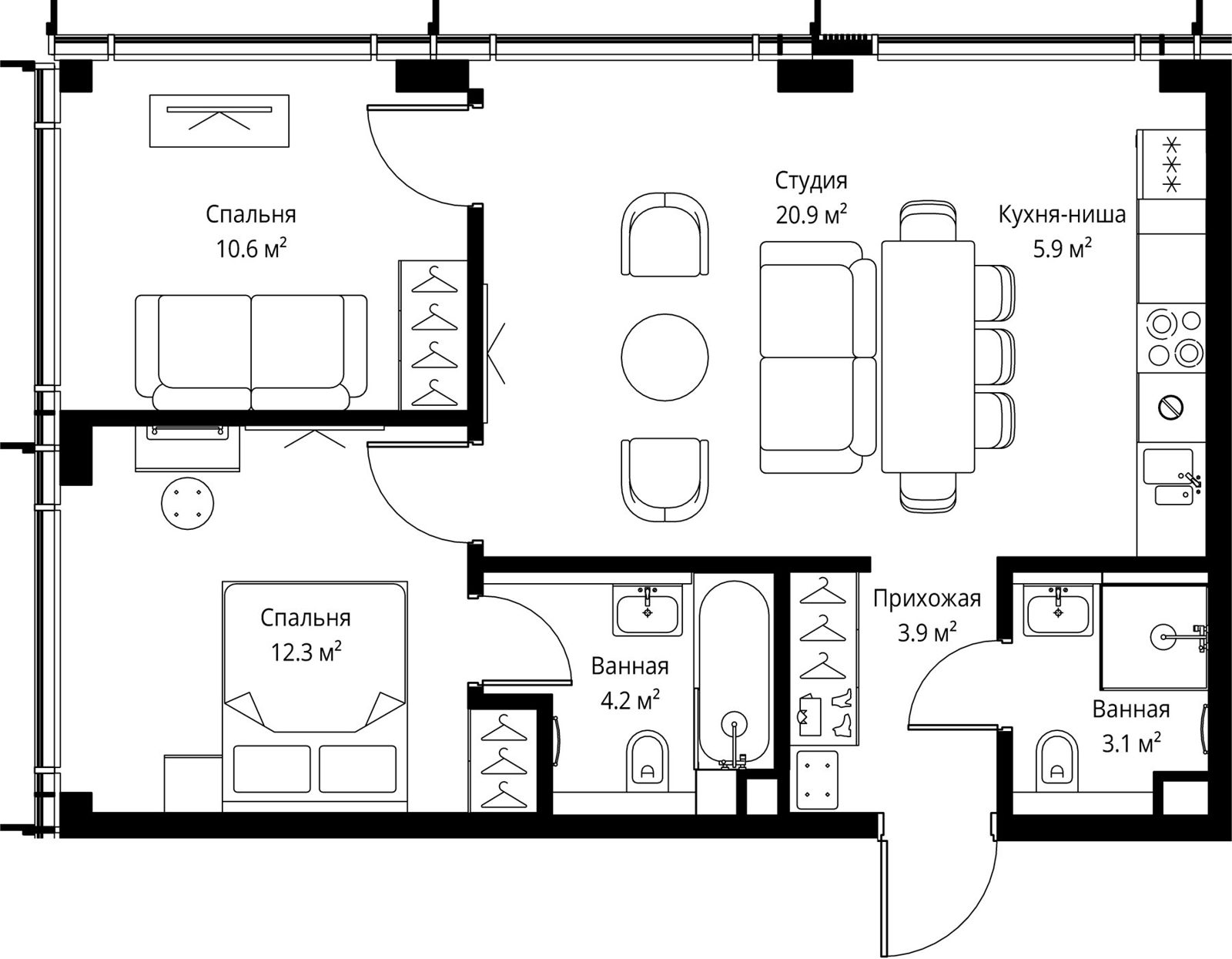 2-комнатная квартира, 60,9 м²