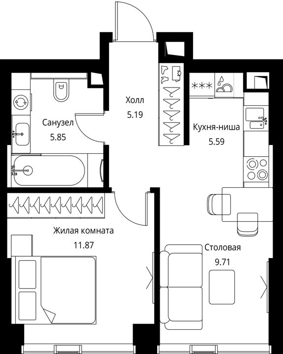 1-комнатная квартира, 38,2 м² — фото 1