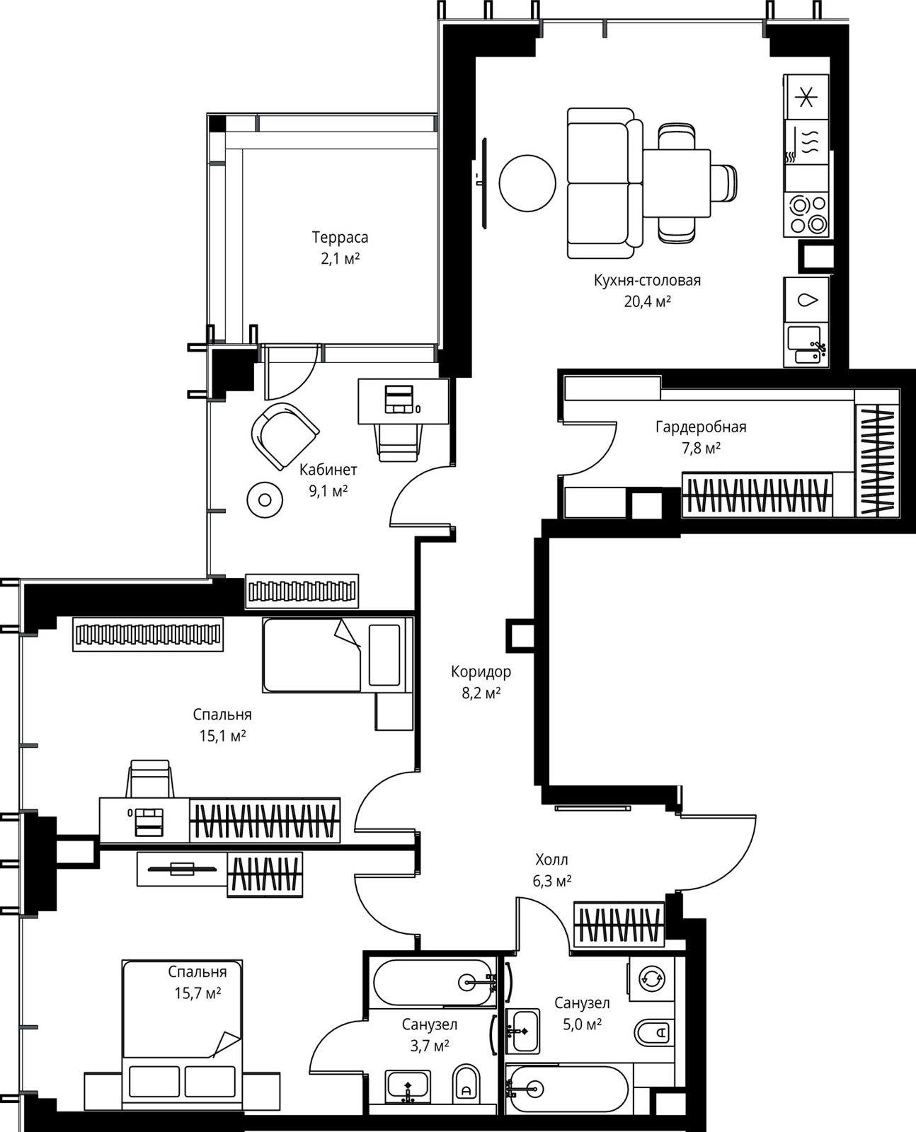 3-комнатная квартира, 93,4 м²