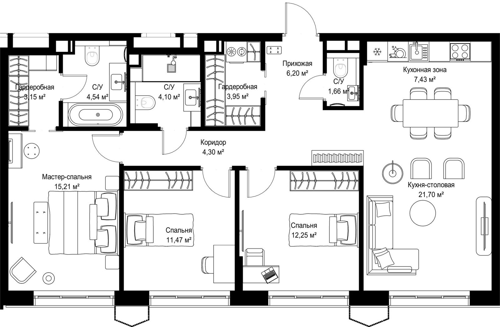3-комнатная квартира, 96 м²