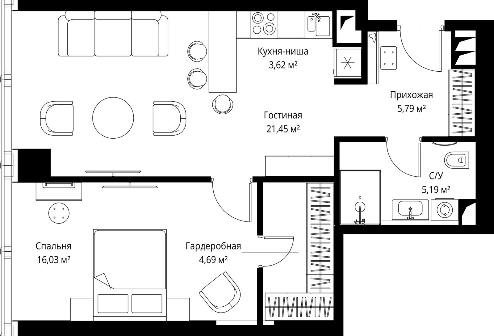 1-комнатная квартира, 56,8 м²