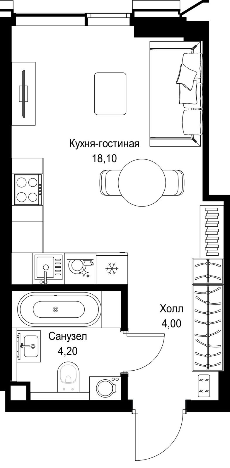 Квартира-студия, 26,3 м²