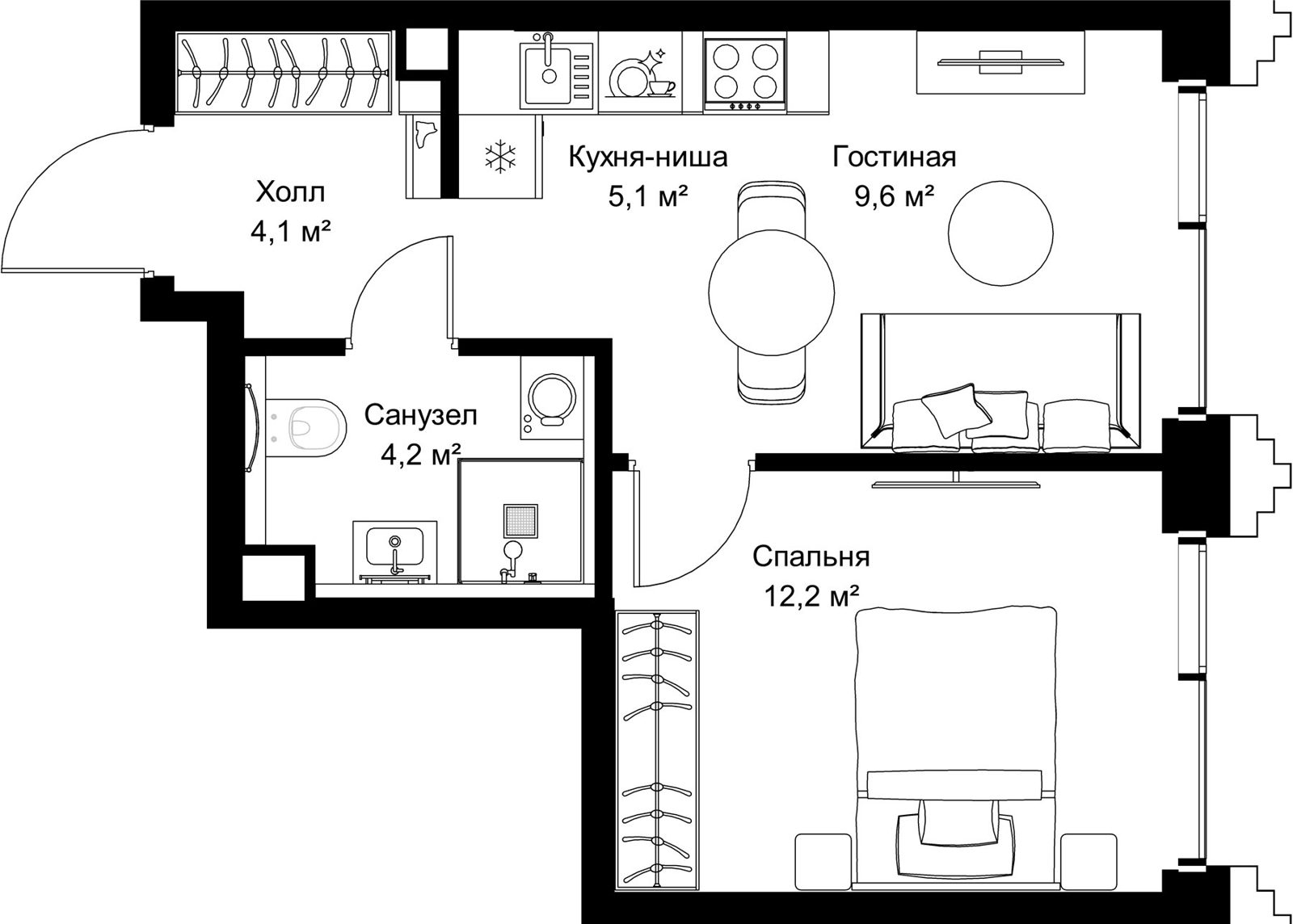1-комнатная квартира, 35,2 м²