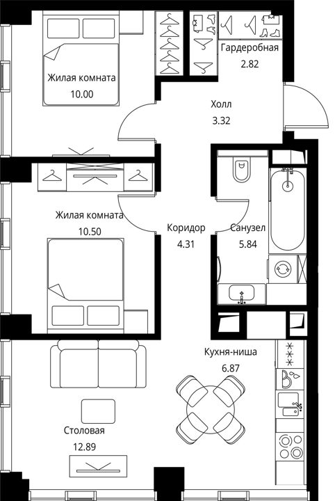 2-комнатная квартира, 56,5 м² — фото 1
