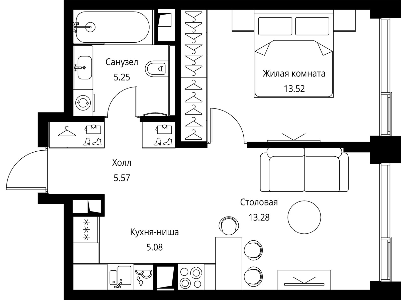 1-комнатная квартира, 42,7 м²