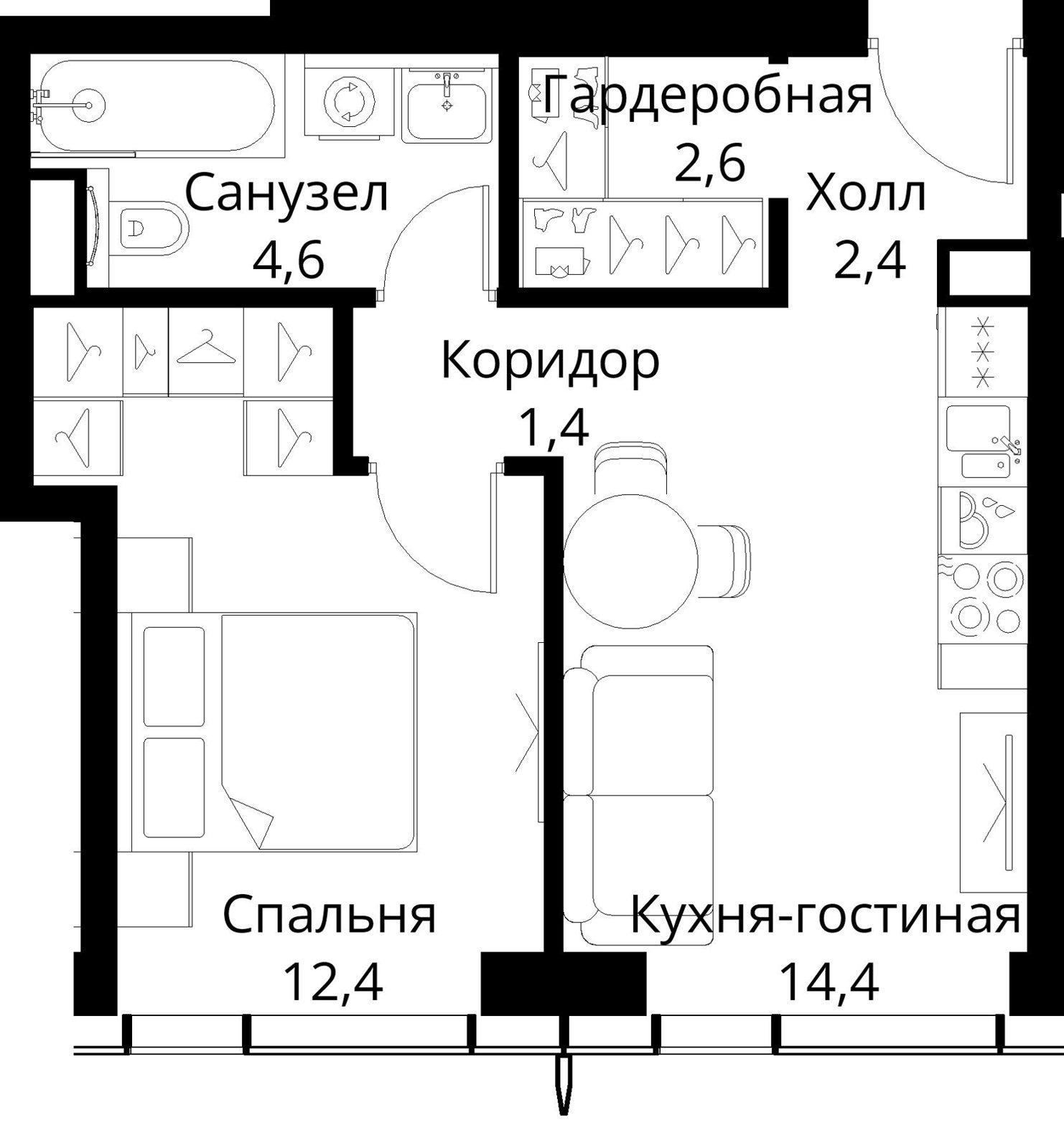1-комнатная квартира, 37,8 м²