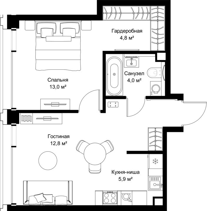 1-комнатная квартира, 46,2 м²