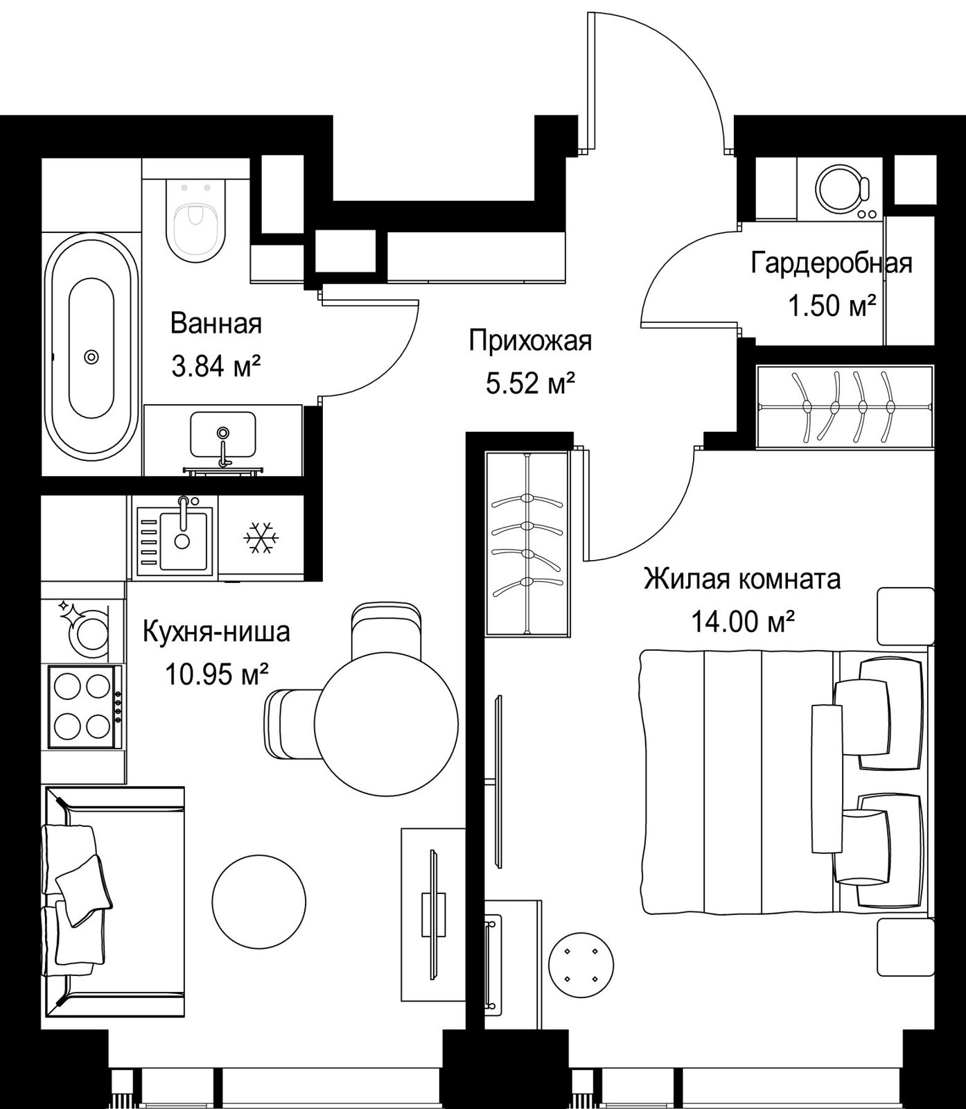1-комнатная квартира, 35,8 м²