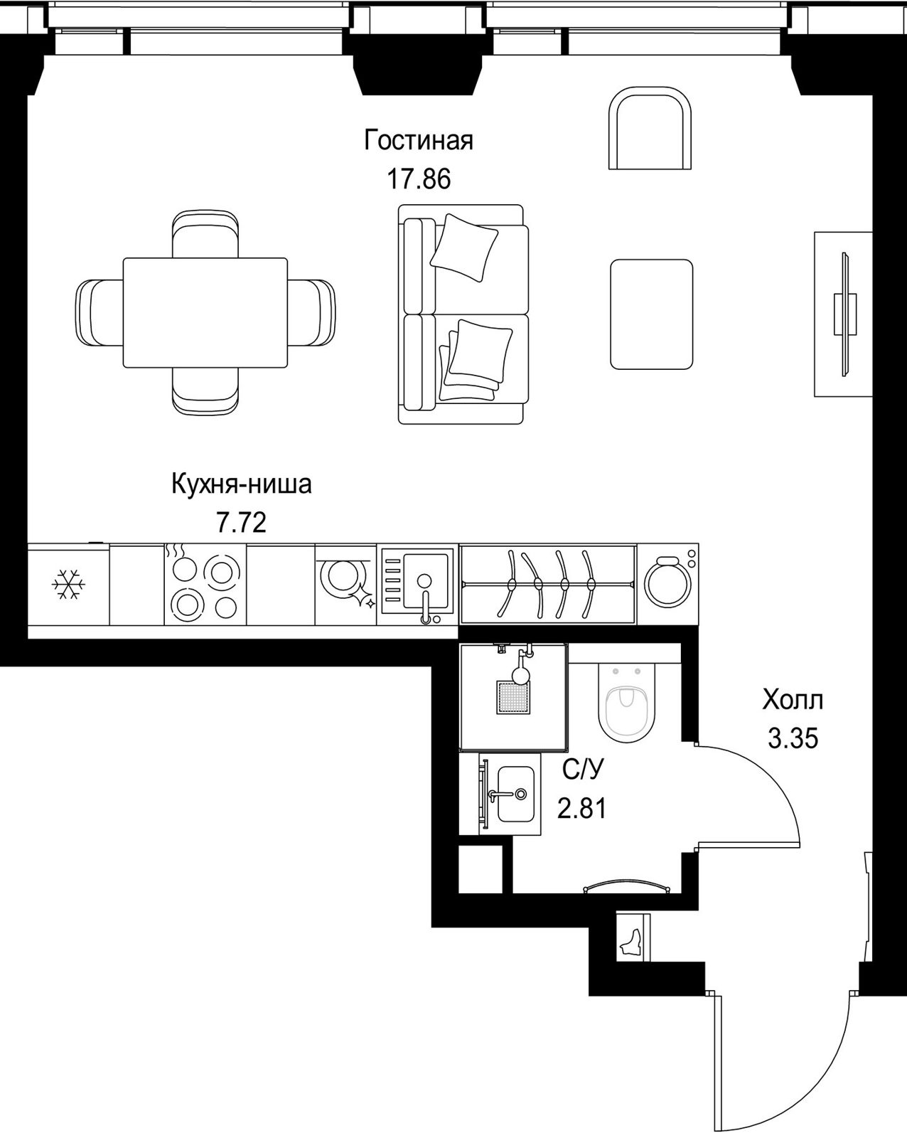Квартира-студия, 31,7 м²