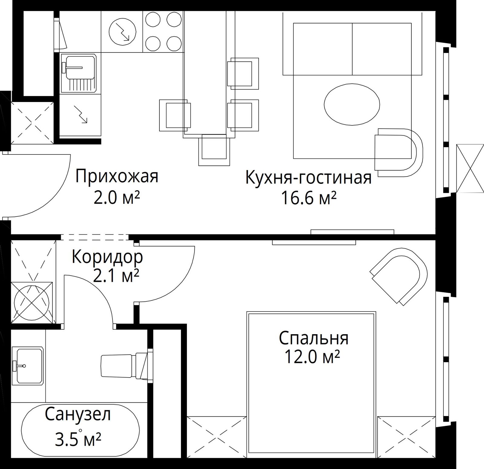 1-комнатная квартира, 36,2 м²