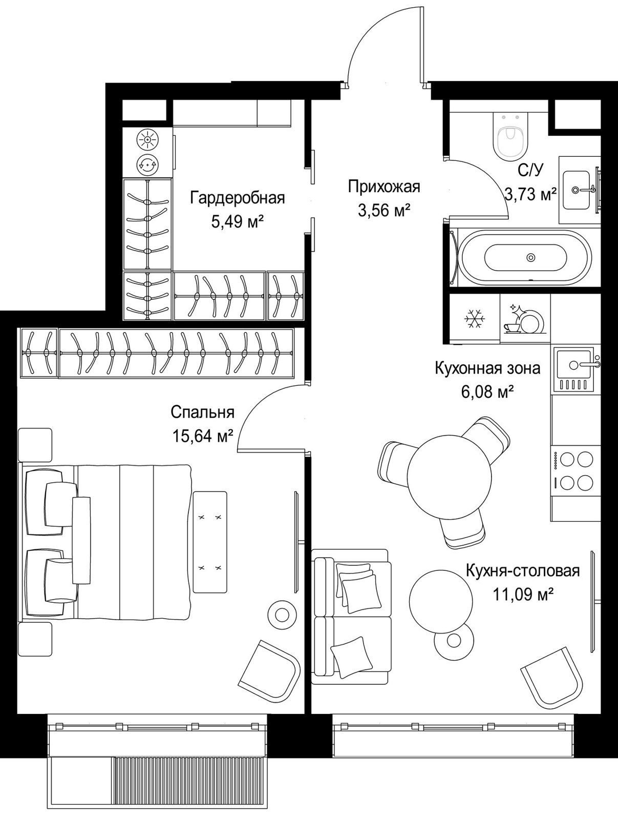 1-комнатная квартира, 45,6 м²