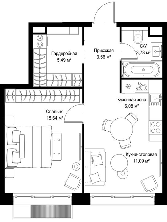 1-комнатная квартира, 45,6 м² — фото 1