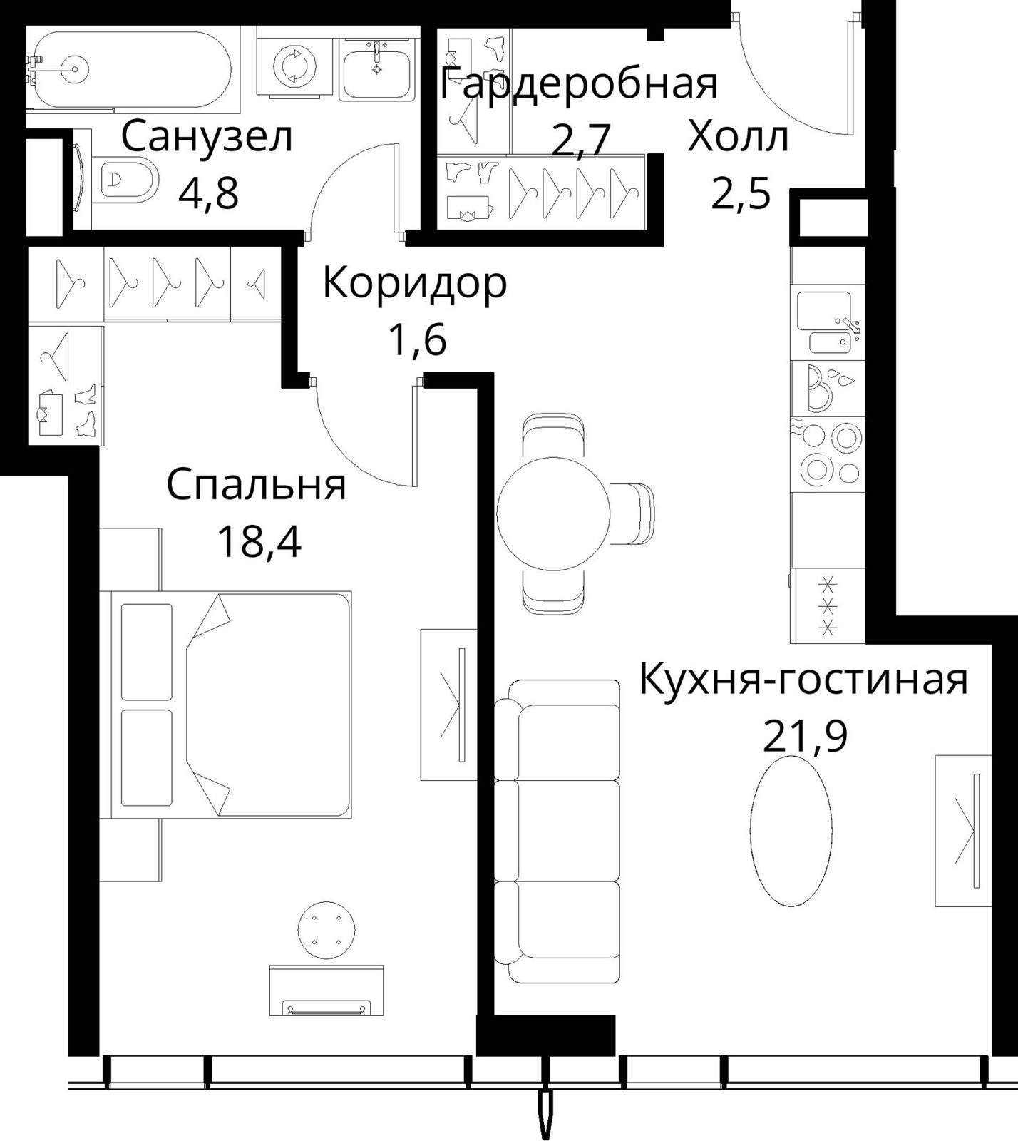 1-комнатная квартира, 51,9 м²