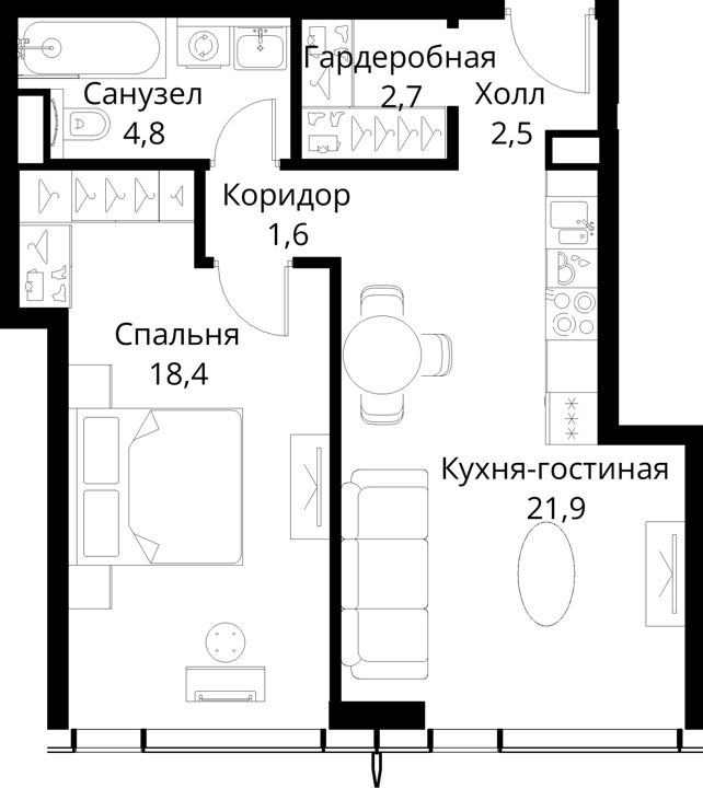 1-комнатная квартира, 51,9 м² — фото 1