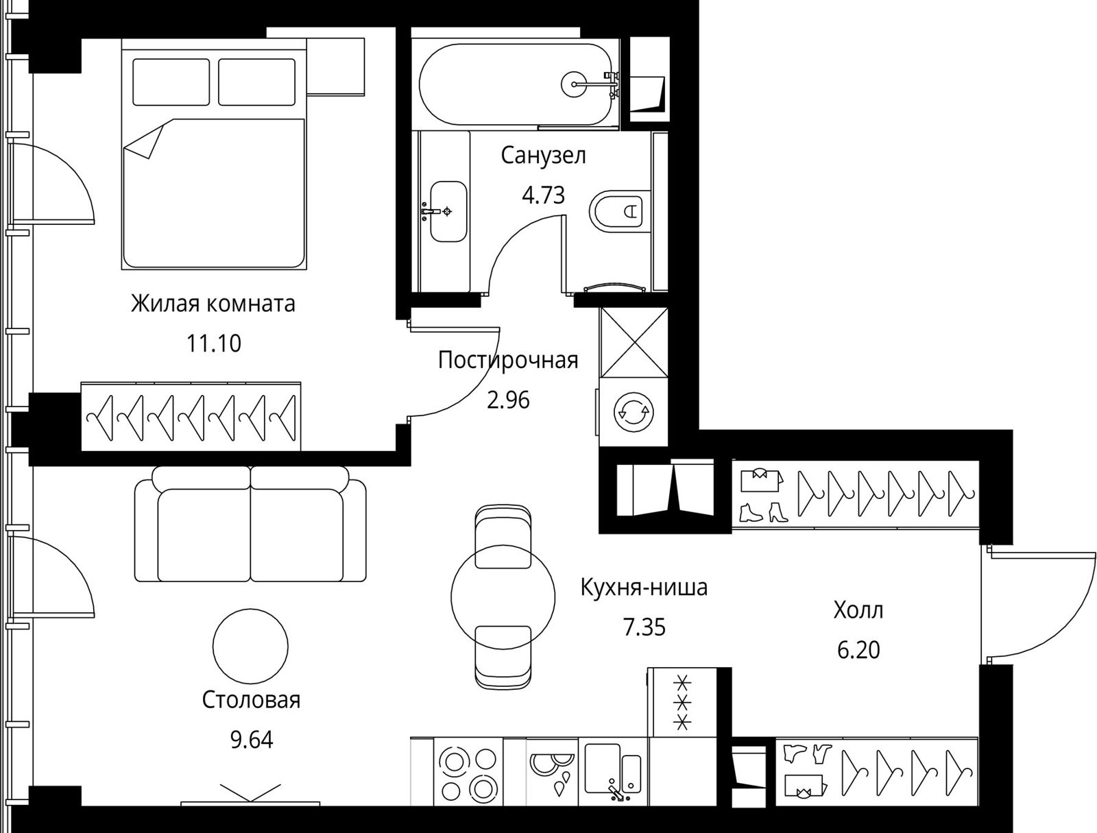 1-комнатная квартира, 42 м²