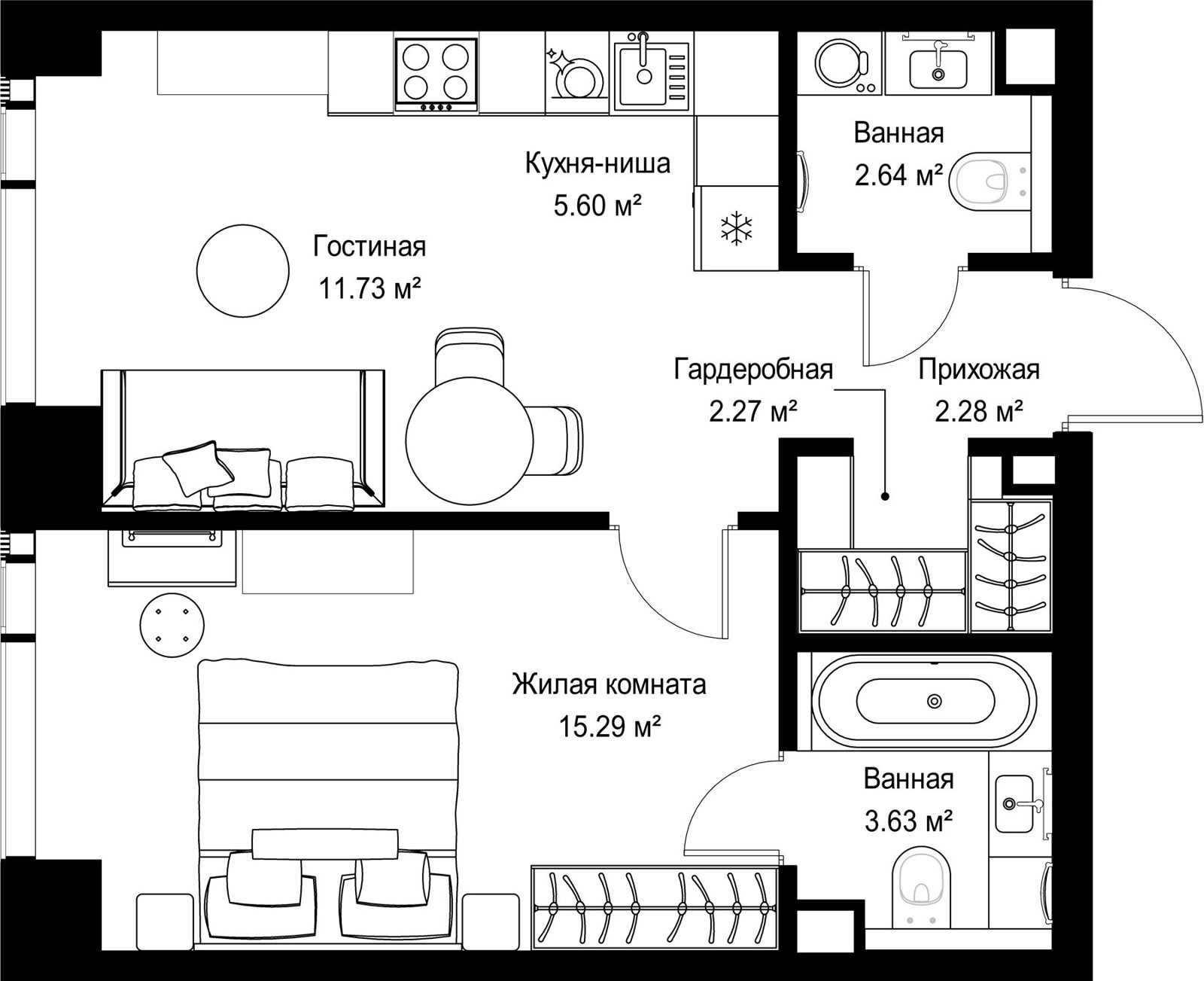 1-комнатная квартира, 43,4 м²