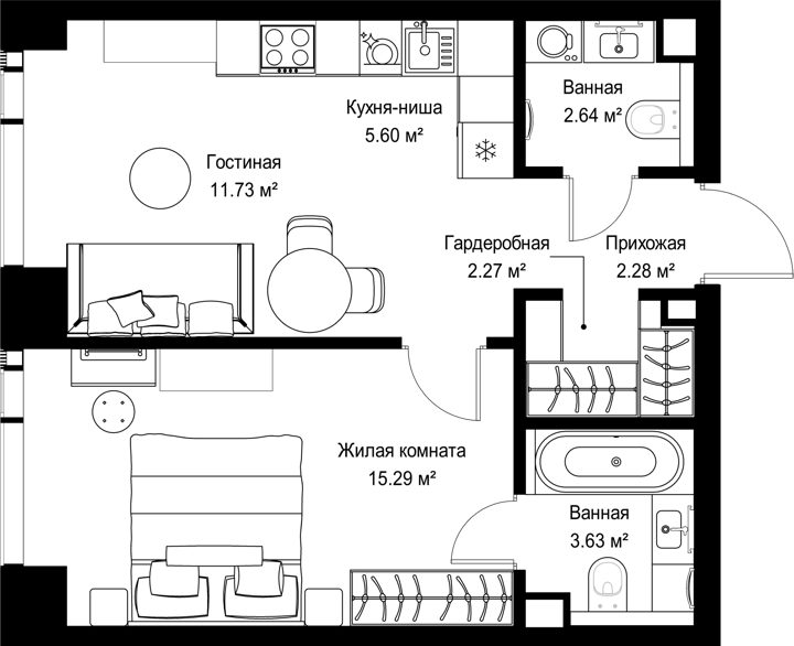 1-комнатная квартира, 43,4 м²