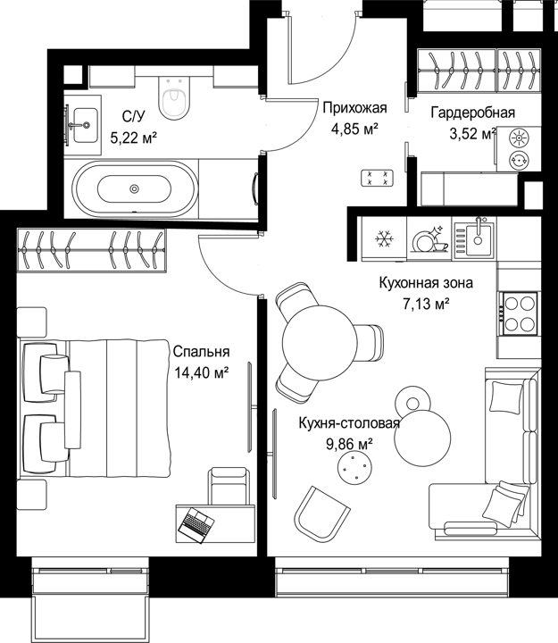 1-комнатная квартира, 45 м² — фото 1