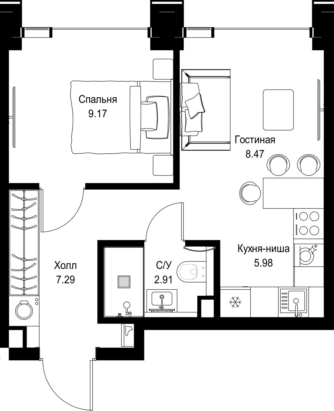 1-комнатная квартира, 33,8 м²