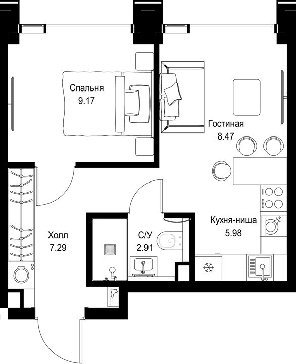 1-комнатная квартира, 33,8 м²