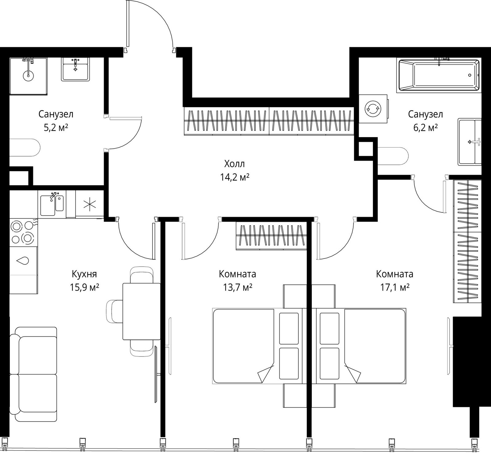 2-комнатная квартира, 72,3 м²
