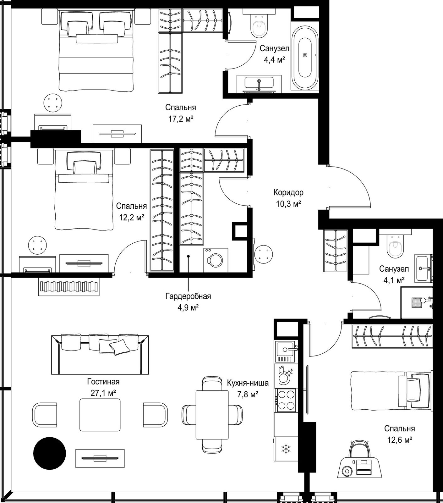 3-комнатная квартира, 100,6 м²