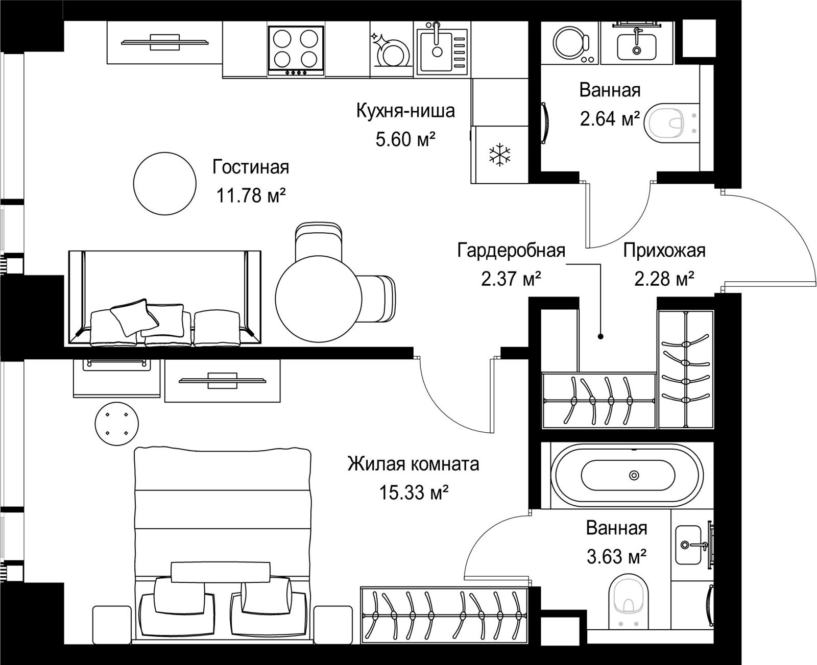 1-комнатная квартира, 43,6 м²