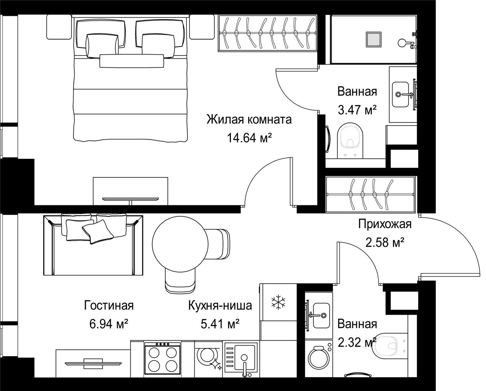 1-комнатная квартира, 35,4 м²