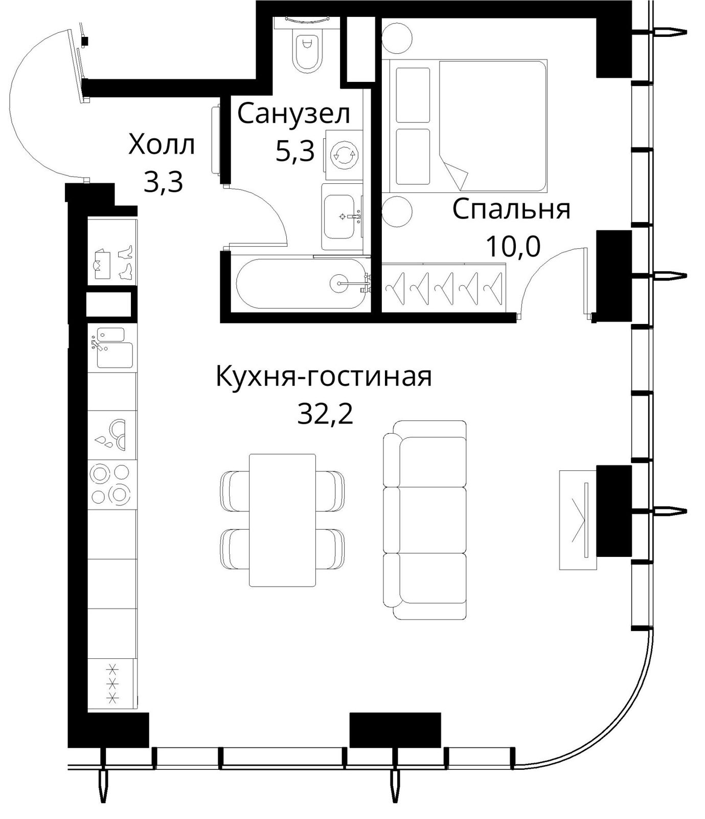 1-комнатная квартира, 50,8 м²