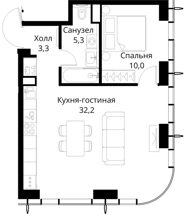 1-комнатная квартира, 50,8 м² — фото 1