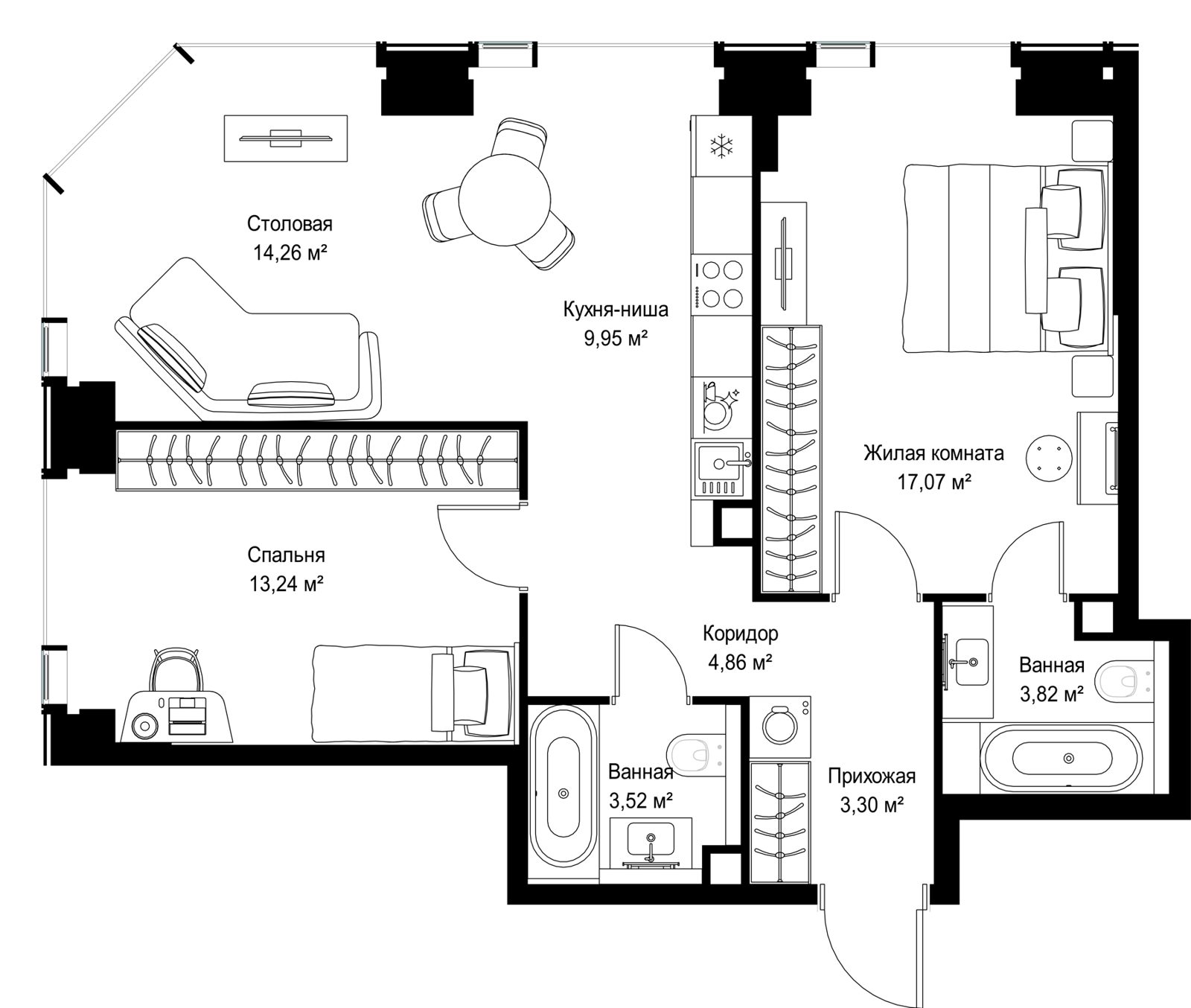 2-комнатная квартира, 70 м²