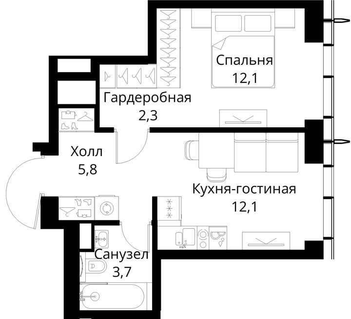1-комнатная квартира, 36 м² — фото 1