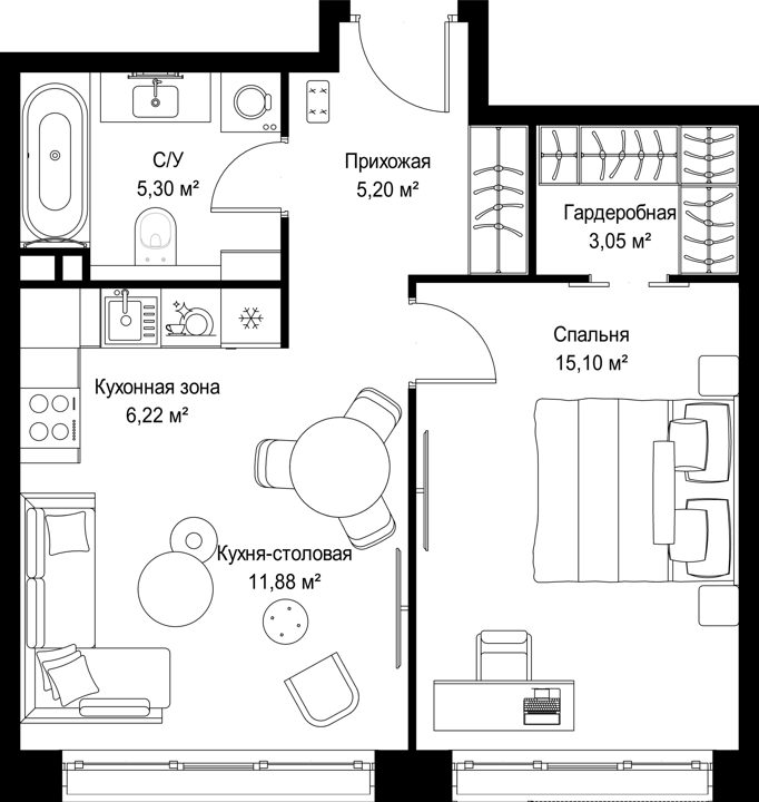 1-комнатная квартира, 46,8 м² — фото 1