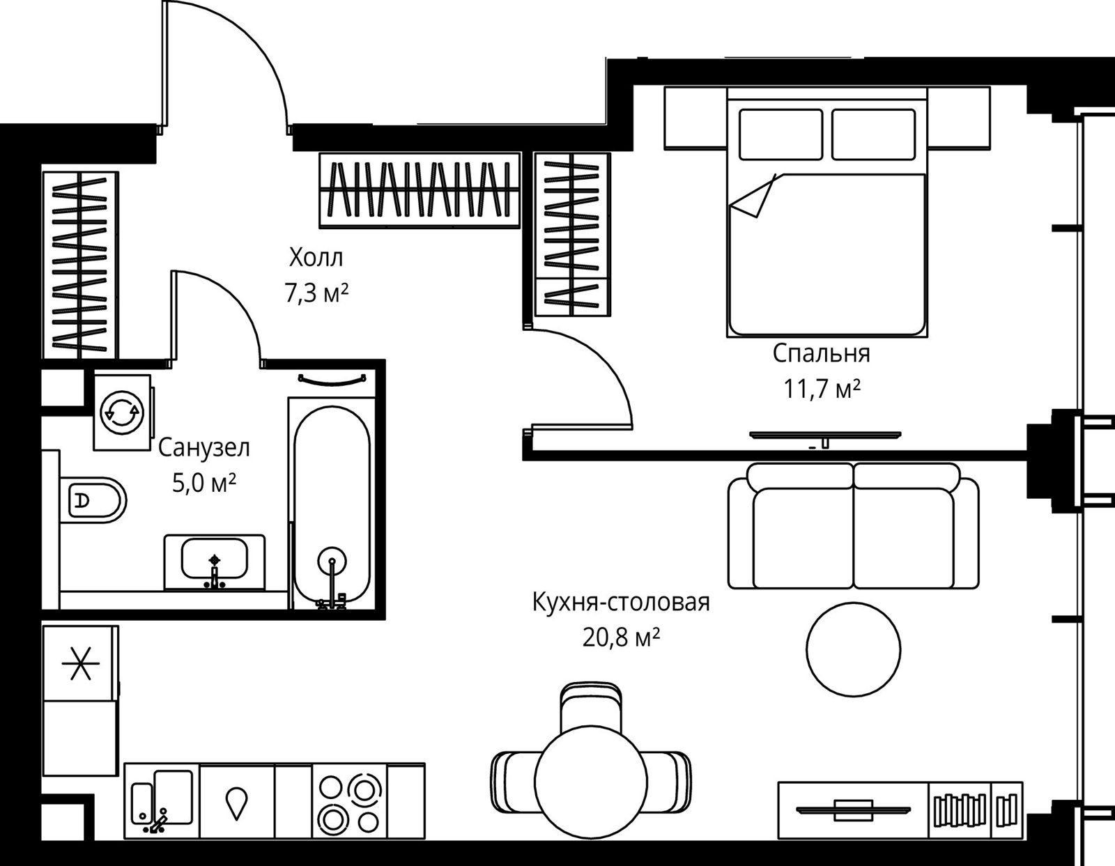 1-комнатная квартира, 44,8 м²