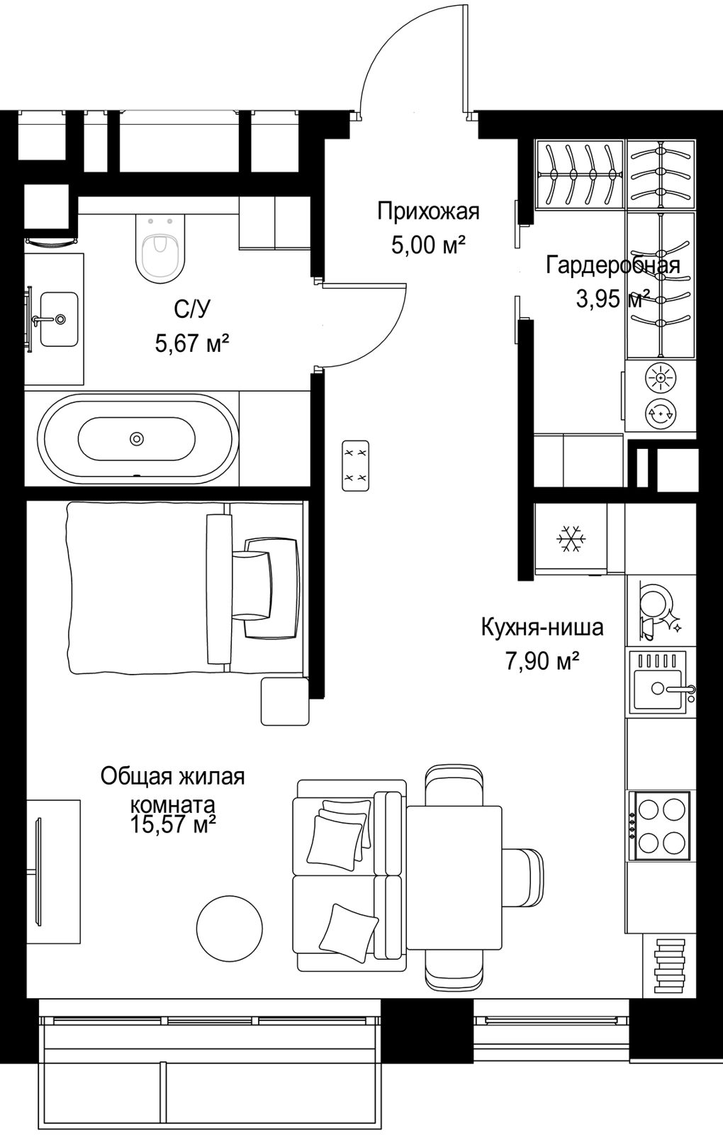 1-комнатная квартира, 38,1 м²