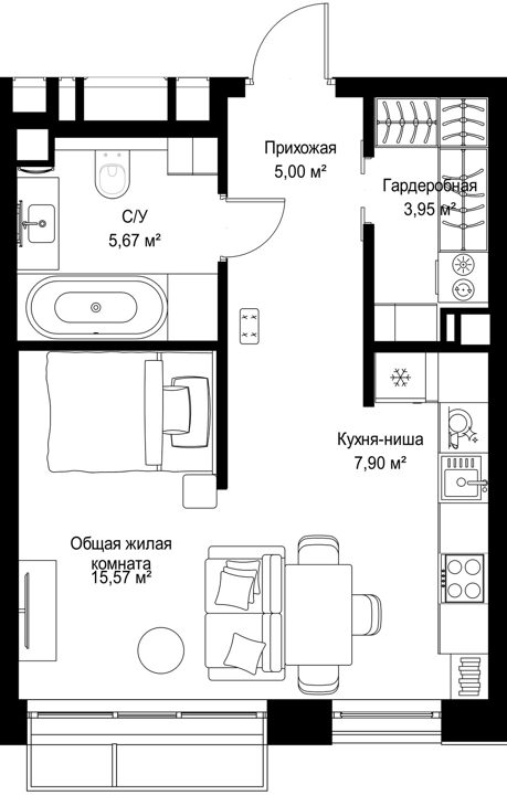 1-комнатная квартира, 38,1 м² — фото 1