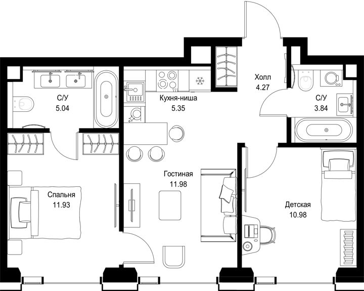 2-комнатная квартира, 53,4 м²