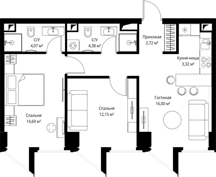 2-комнатная квартира, 60,9 м²