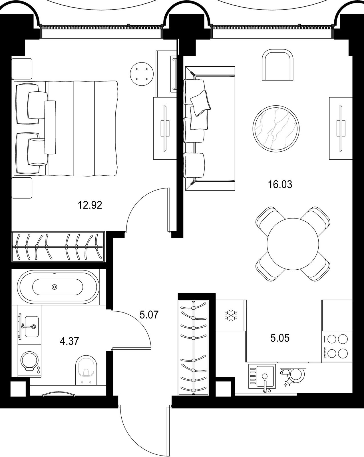 1-комнатная квартира, 43,4 м²