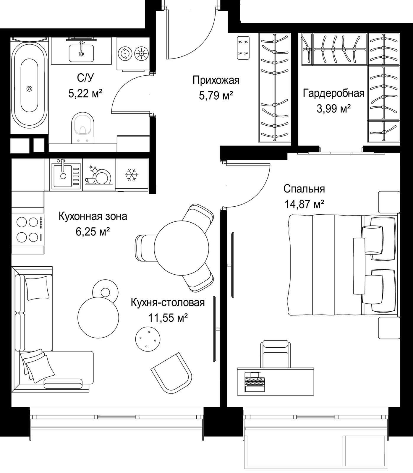 1-комнатная квартира, 47,7 м²