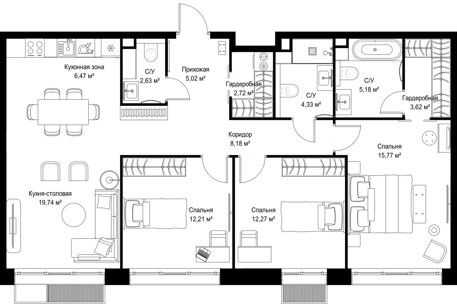 3-комнатная квартира, 98,1 м²