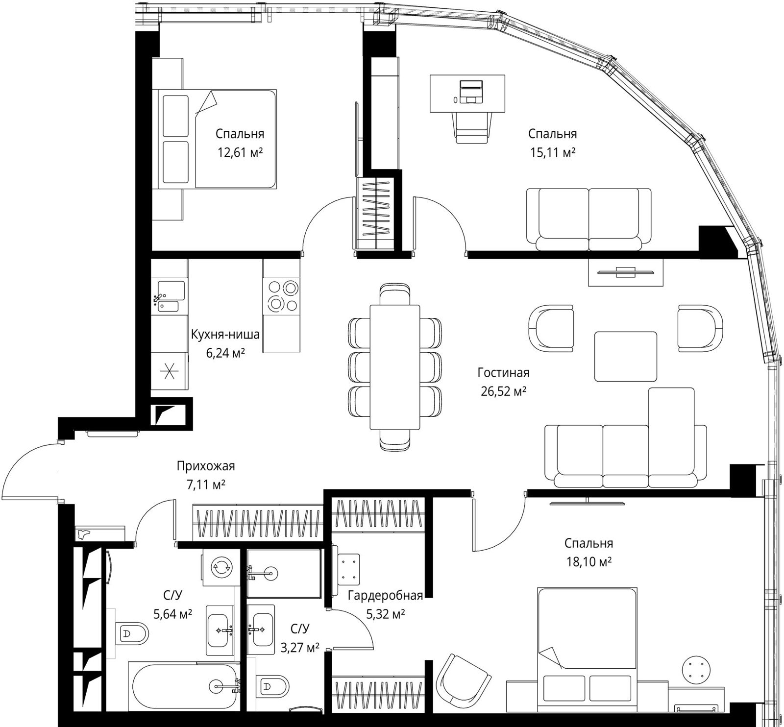 3-комнатная квартира, 99,5 м²
